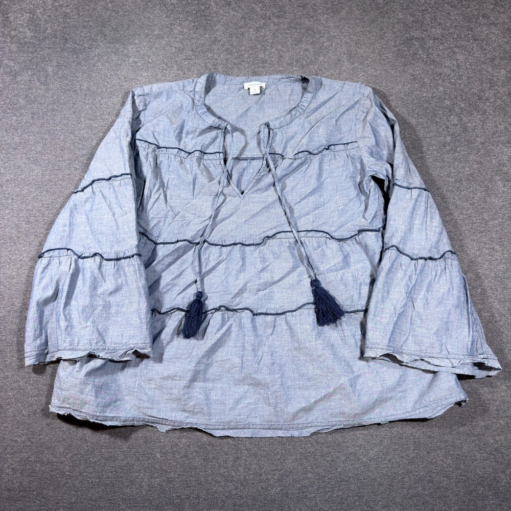 Sundance Blouse Womens Medium Blue Chambray Cotton Tassel Tiered Bell Sleeve Top